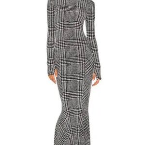 NORMA KAMALI TURTLE FISHTAIL GOWN IN LARGE GLEN PLAID CHECK XS
